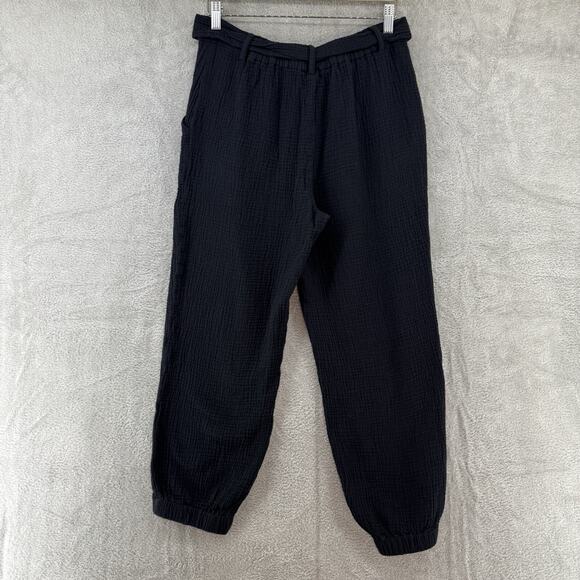 Magaschino Pants M Black Textured Organic Cotton Pockets Elastic Hem Cropped Tie - Picture 6 of 14